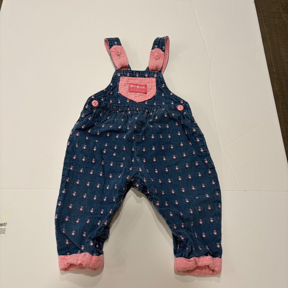 OshKosh B'Gosh 6-9M Pink Duck Print Denim Overalls Quilted Bib Baby VTG